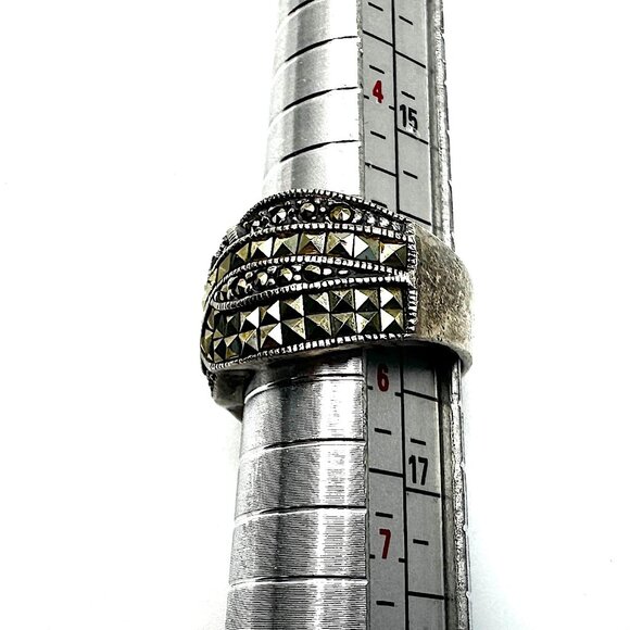 1980s Judith Jack Sterling Silver Marcasite Wide Crossover Band Ring - Picture 2 of 13